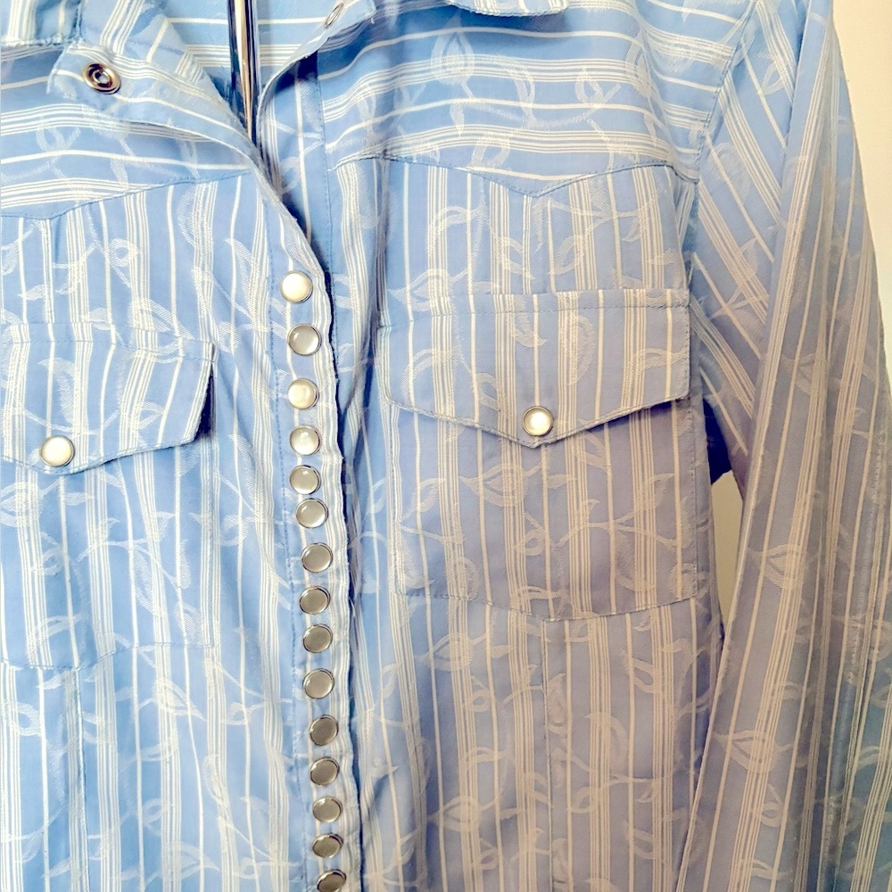 Scully Western Blue and White Embossed Vine Pattern Striped Shirt, Ladies Large - Picture 4 of 6